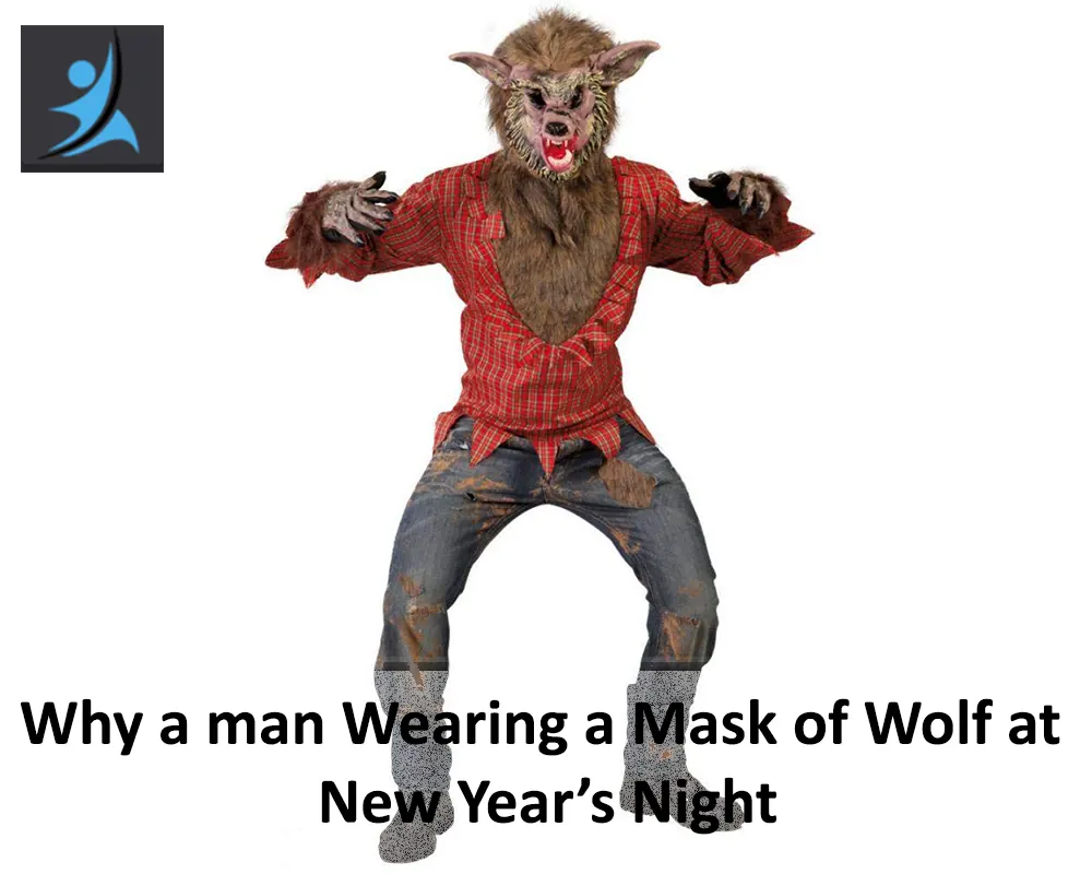 A man wearing wolf mask on new year's event evening