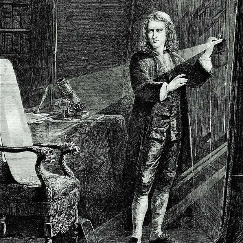 Isaac-Newton-sunlight-study-optics-prism-engraving-1879