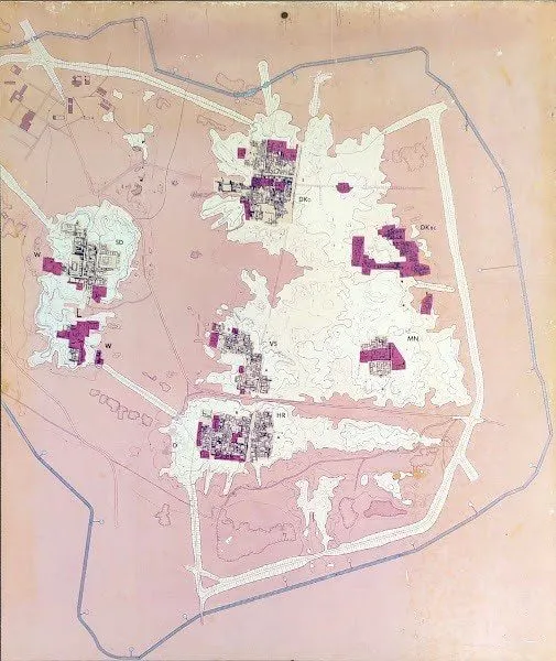 Site map of the excavated area of Mohenjo-Daro, displayed at the National Museum of Karachi. The city is believed to be much larger than depicted.