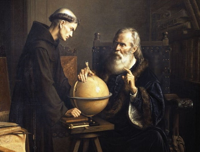 Gallileo Galelei experiments with his friend