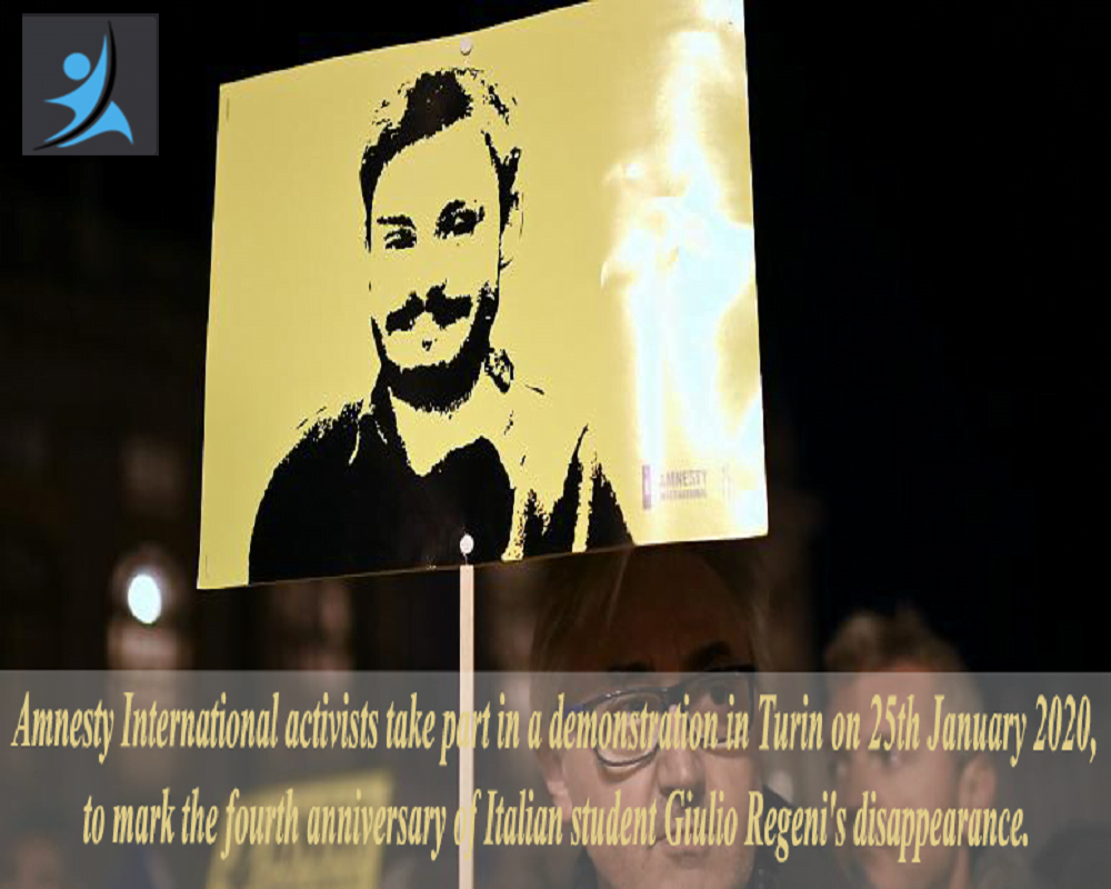 Amnesty International activists take part in a demonstration in Turin on January 25, 2020, to mark the fourth anniversary