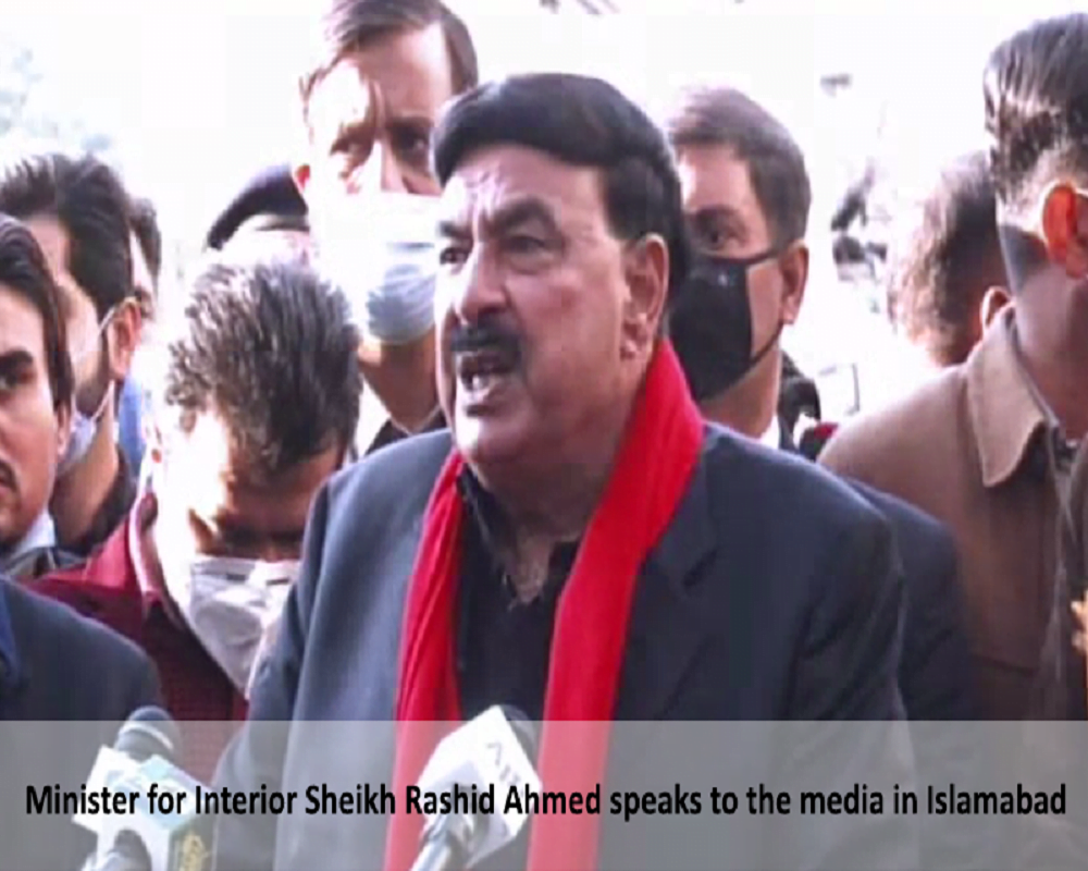 Minister for Interior Sheikh Rashid Ahmed speaks to the media in Islamabad