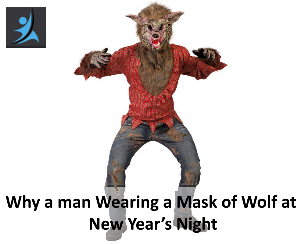 A man wearing wolf mask on new year's event evening