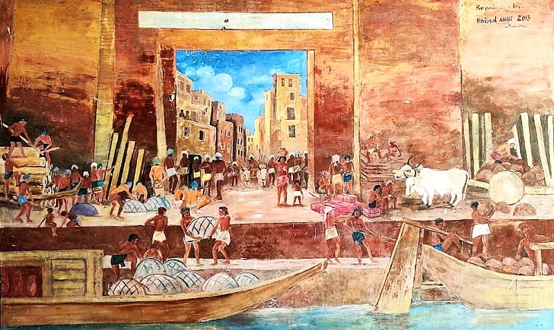Artist’s depiction of life along the Mohenjo-Daro docks, displayed at the Mohenjo-Daro Museum on the excavation site.